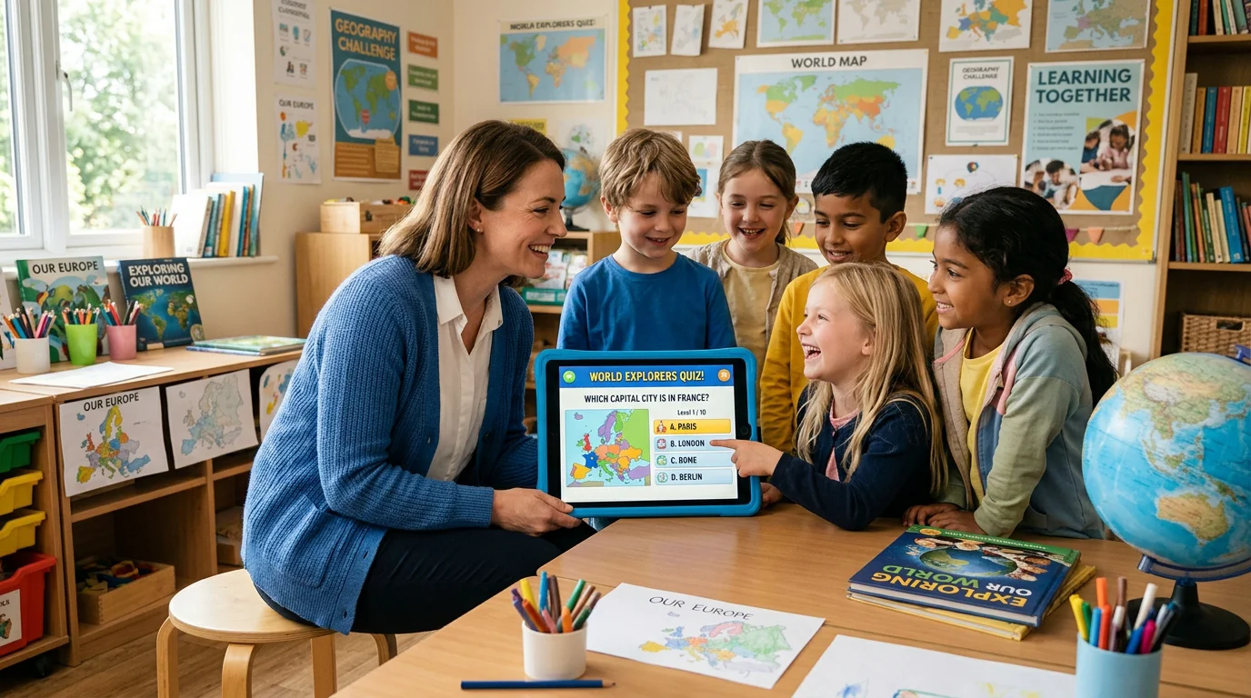 Teacher and students playing a geography quiz on a tablet