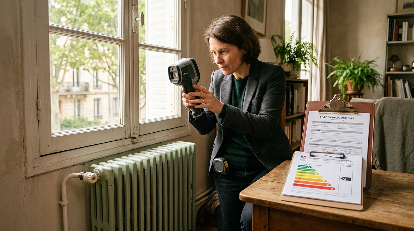 Diagnostiqueur certifié réalisant une évaluation énergétique dans un logement