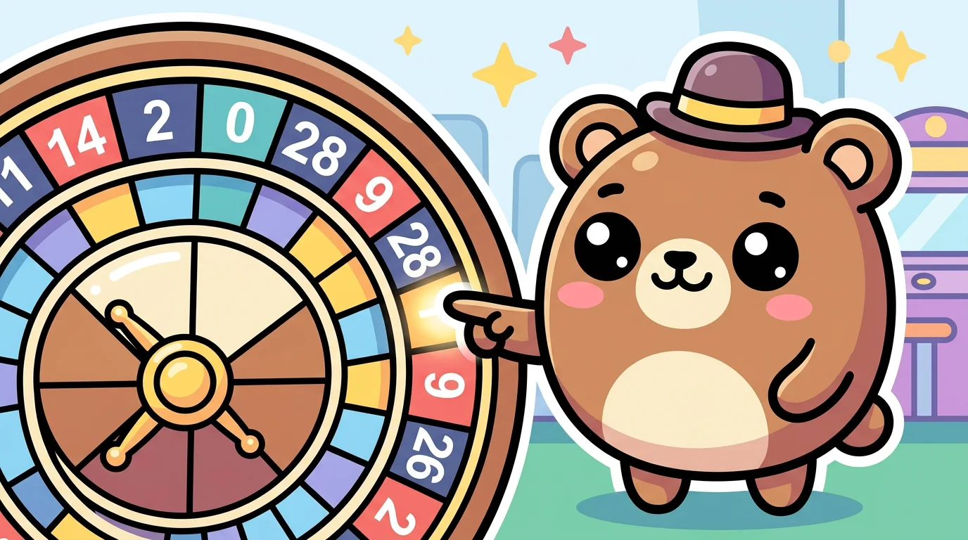 Chibi mascot pointing at a number on a large cartoon roulette wheel