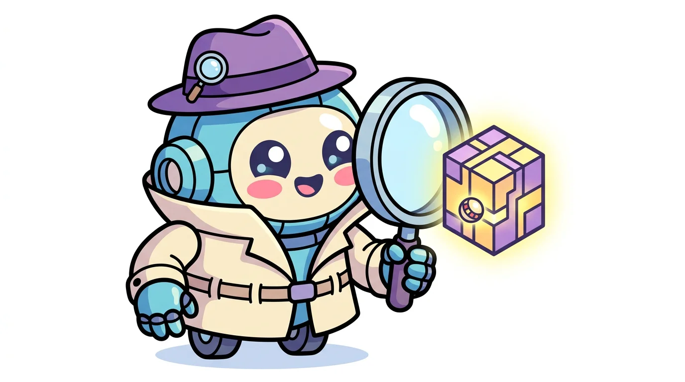 Chibi detective mascot inspecting a blockchain cube linked to a roulette ball
