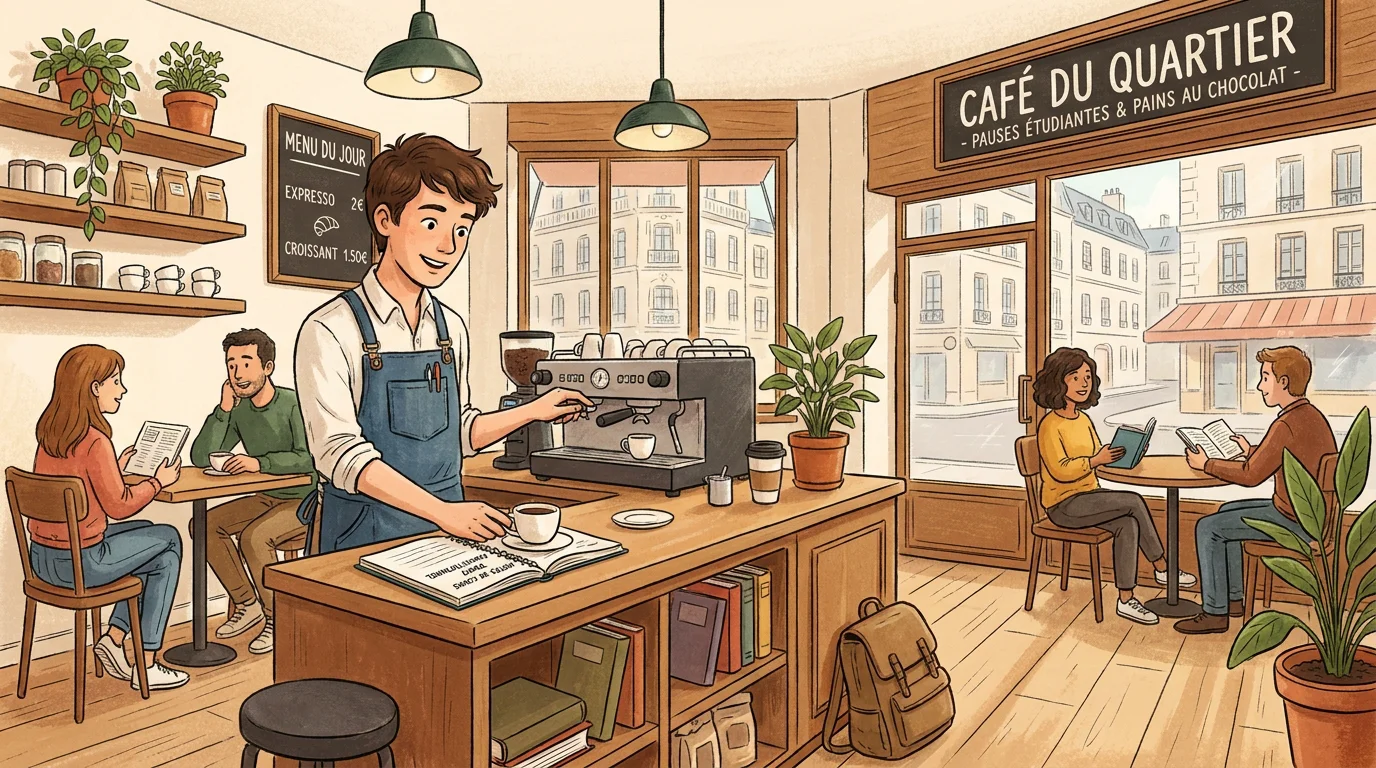 Étudiant travaillant dans un café en France tout en révisant ses cours