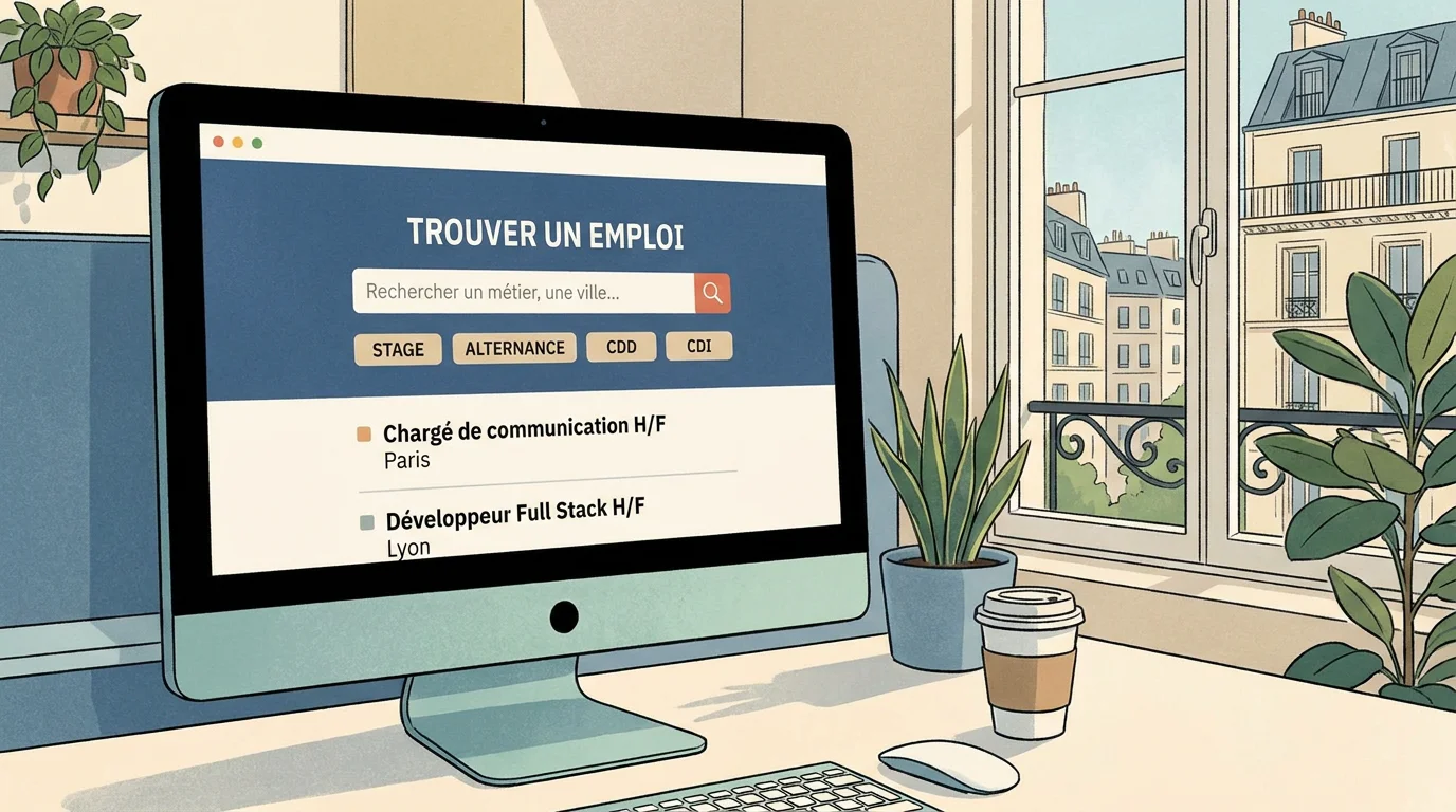 Interface de recherche d'emploi avec filtres par type de contrat sur un écran d'ordinateur