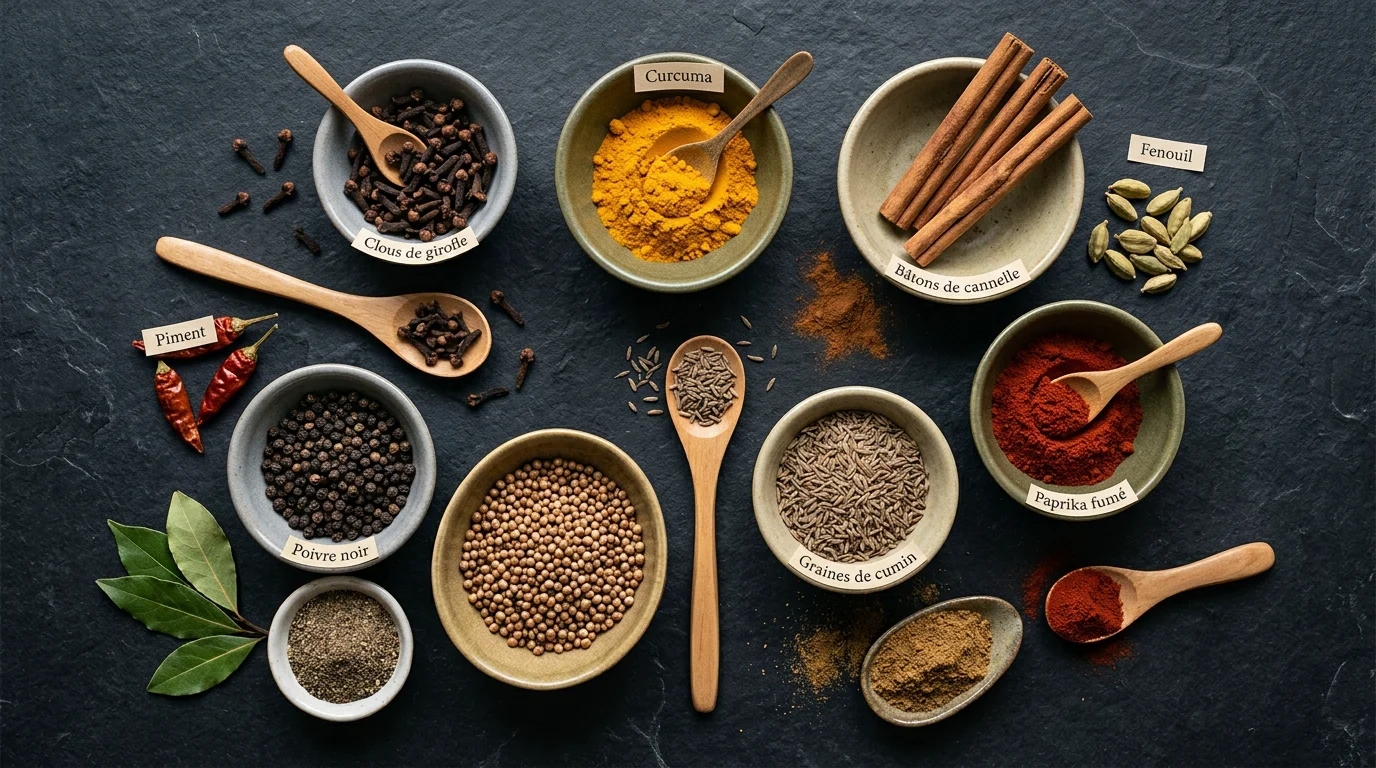 Assortiment d'épices entières et moulues présentées dans des bols en céramique