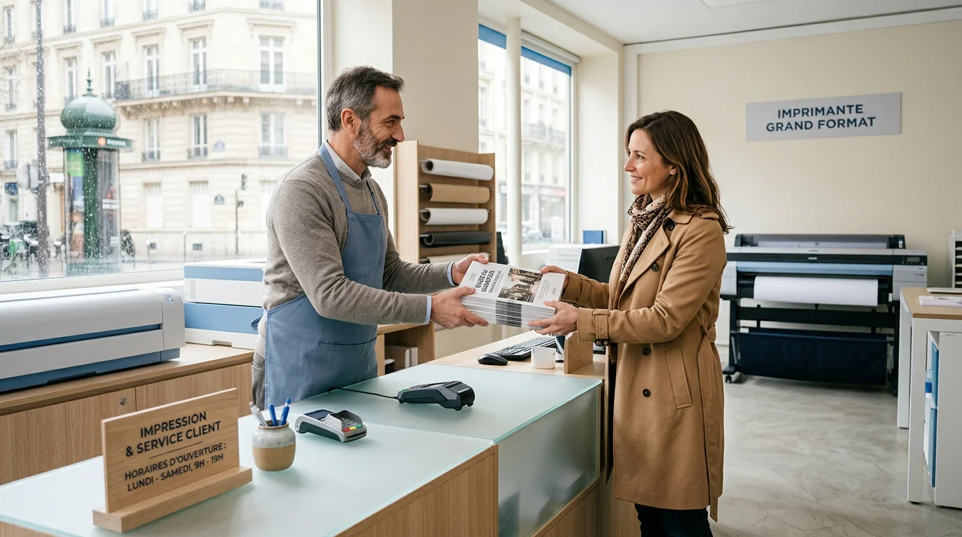 Un imprimeur remet des brochures imprimées à un client dans une imprimerie parisienne