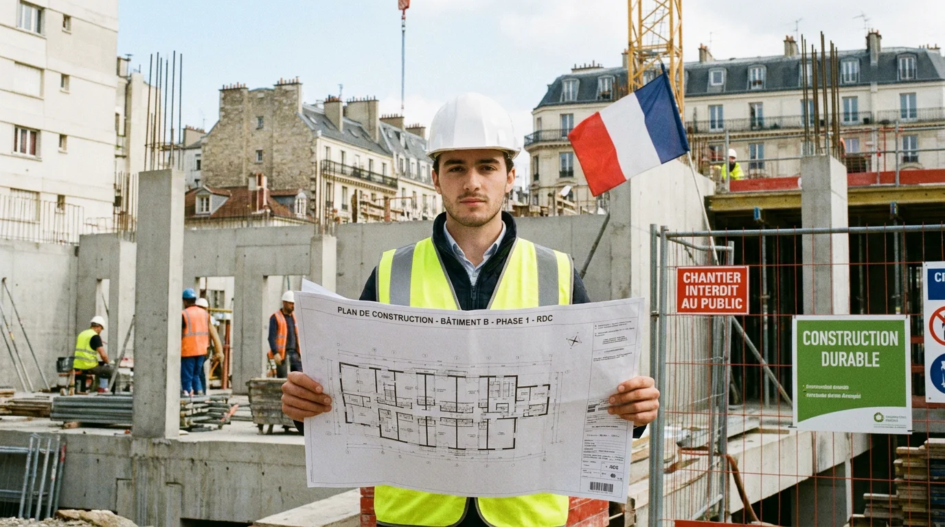 Alternant conducteur de travaux sur un chantier en France avec casque et plans