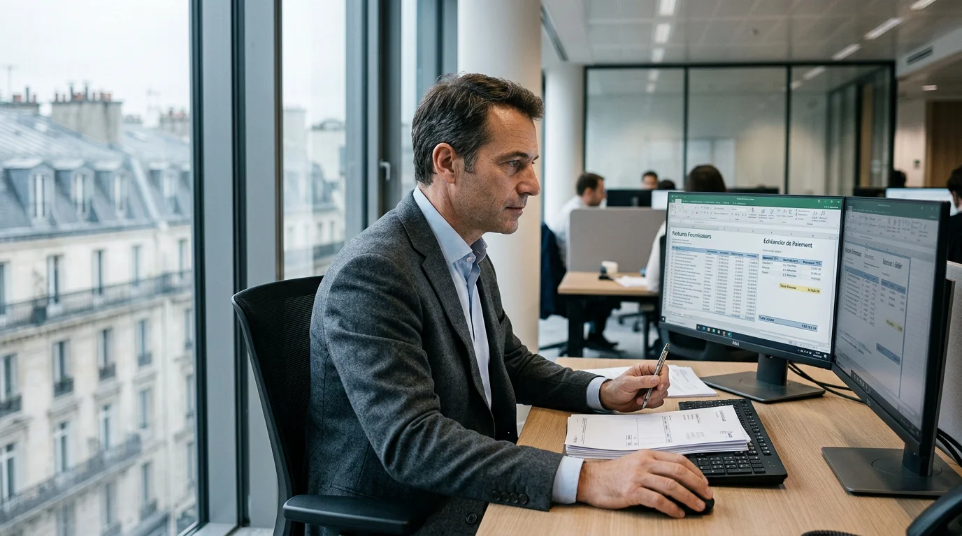 Responsable financier européen analysant des factures fournisseurs et des échéanciers de paiement