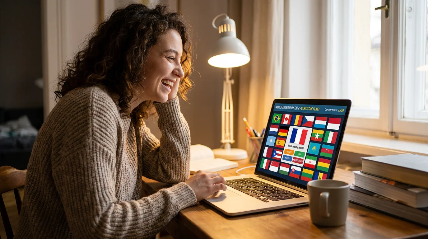 Person excitedly playing a world flag quiz on their laptop at home