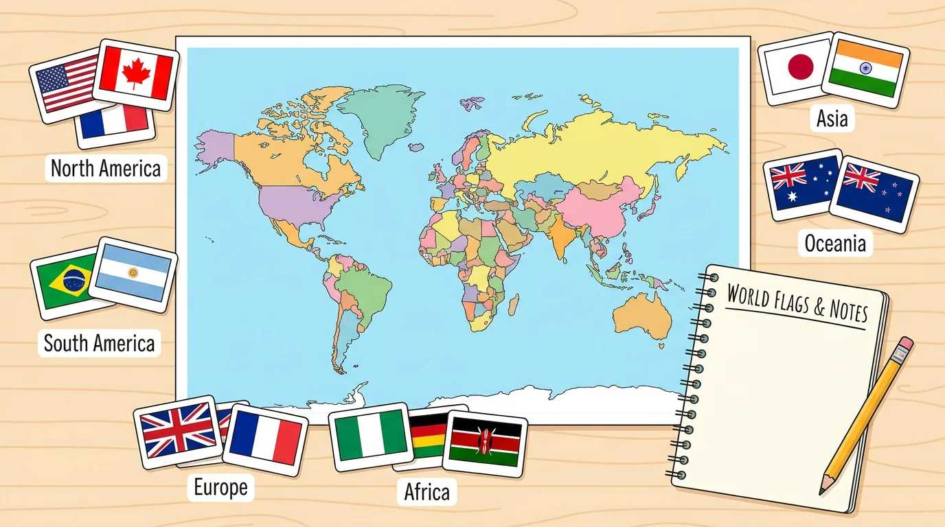 Illustrated flat lay of world map with flag cards organized by continent