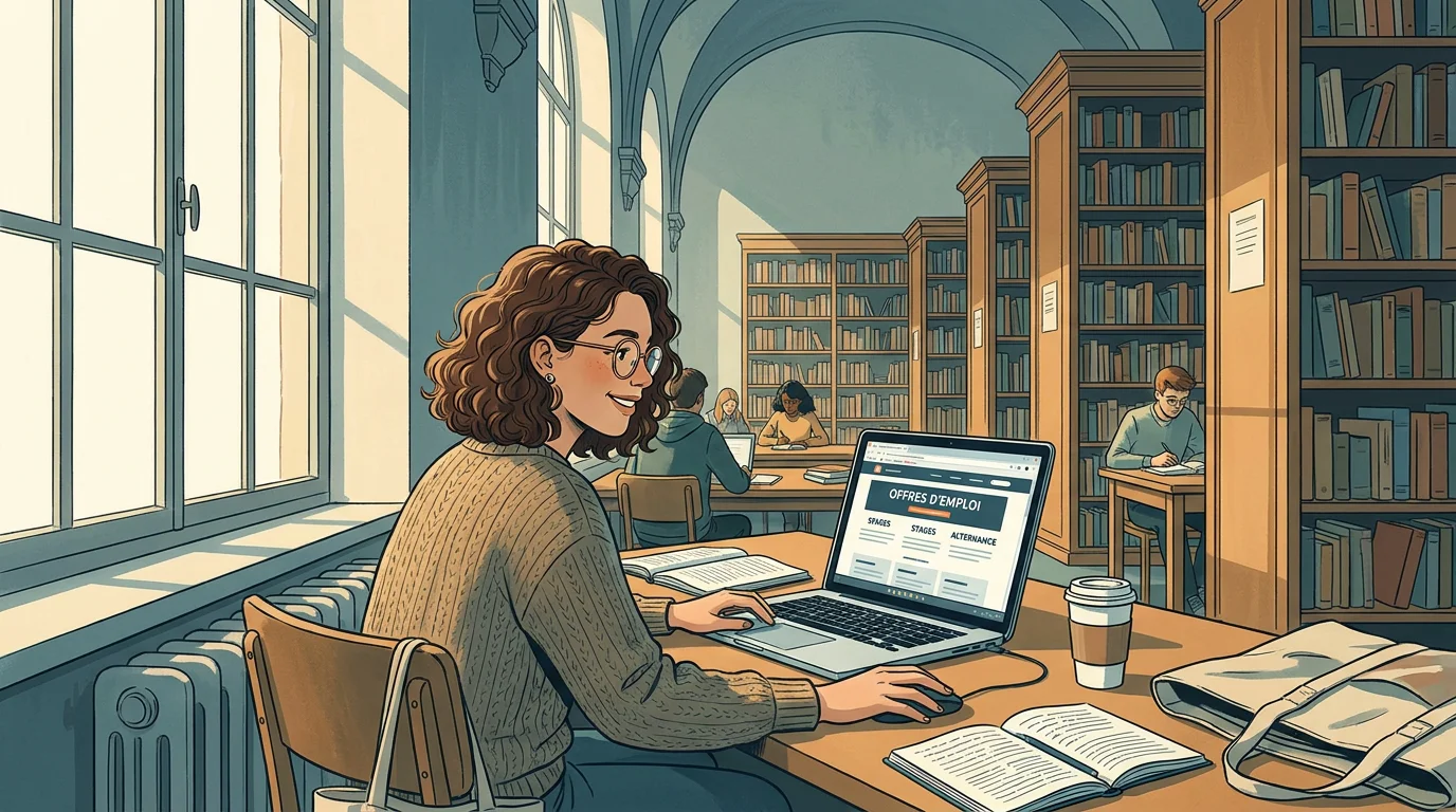Étudiant recherchant un job étudiant sans expérience sur un ordinateur dans une bibliothèque universitaire