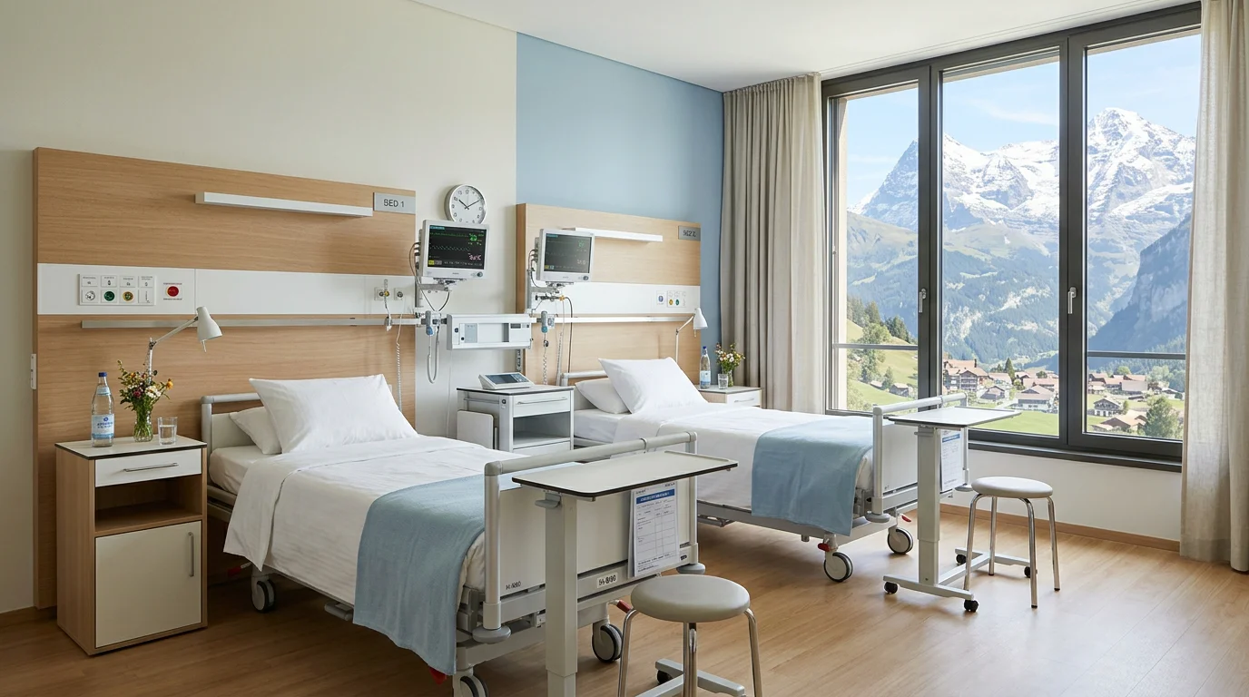 A modern two-bed semi-private hospital room in Switzerland