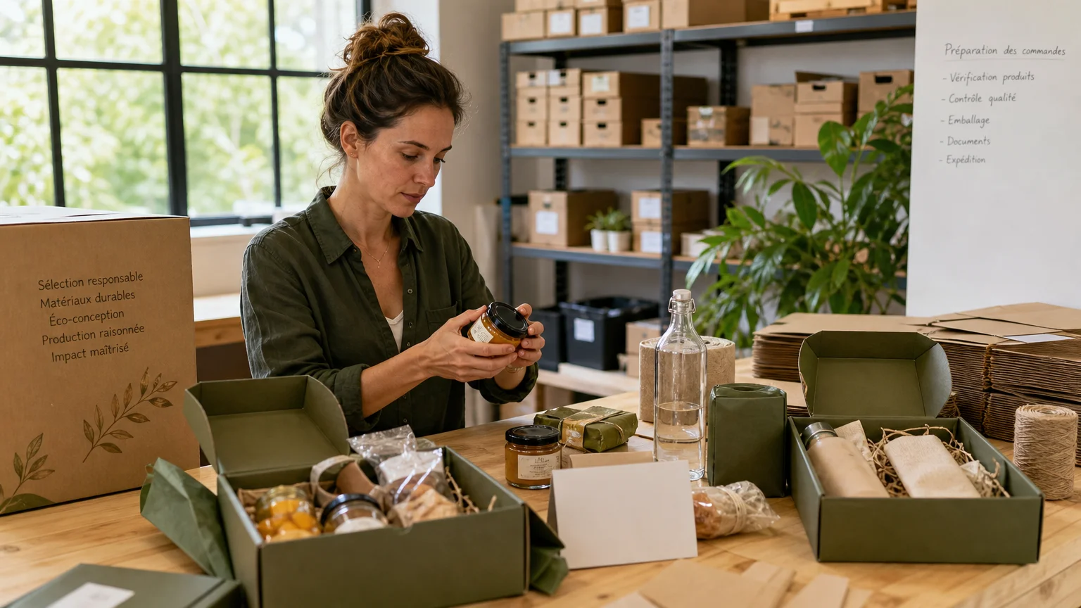 Préparation responsable de paniers garnis personnalisés dans un espace professionnel