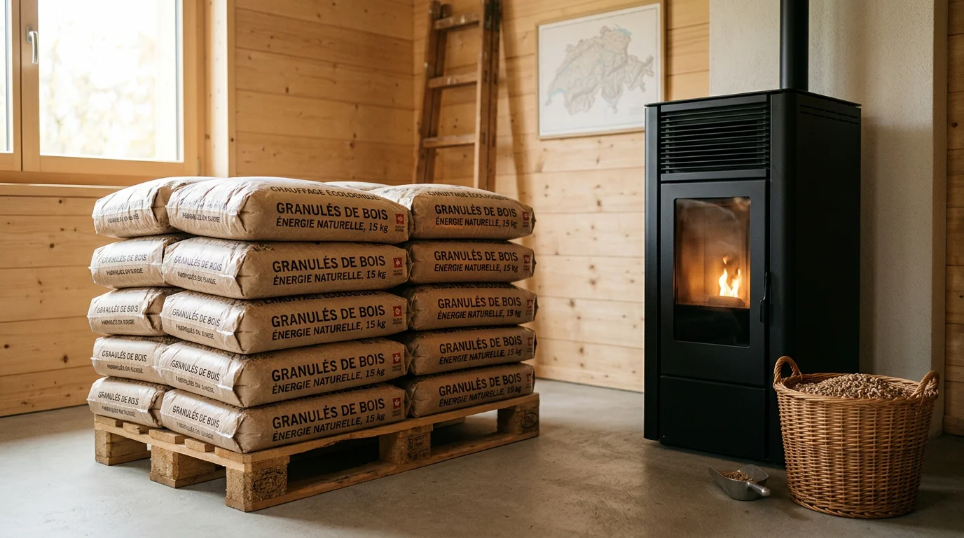 Sacs de granulés de bois stockés dans un local sec près d'un poêle à pellets
