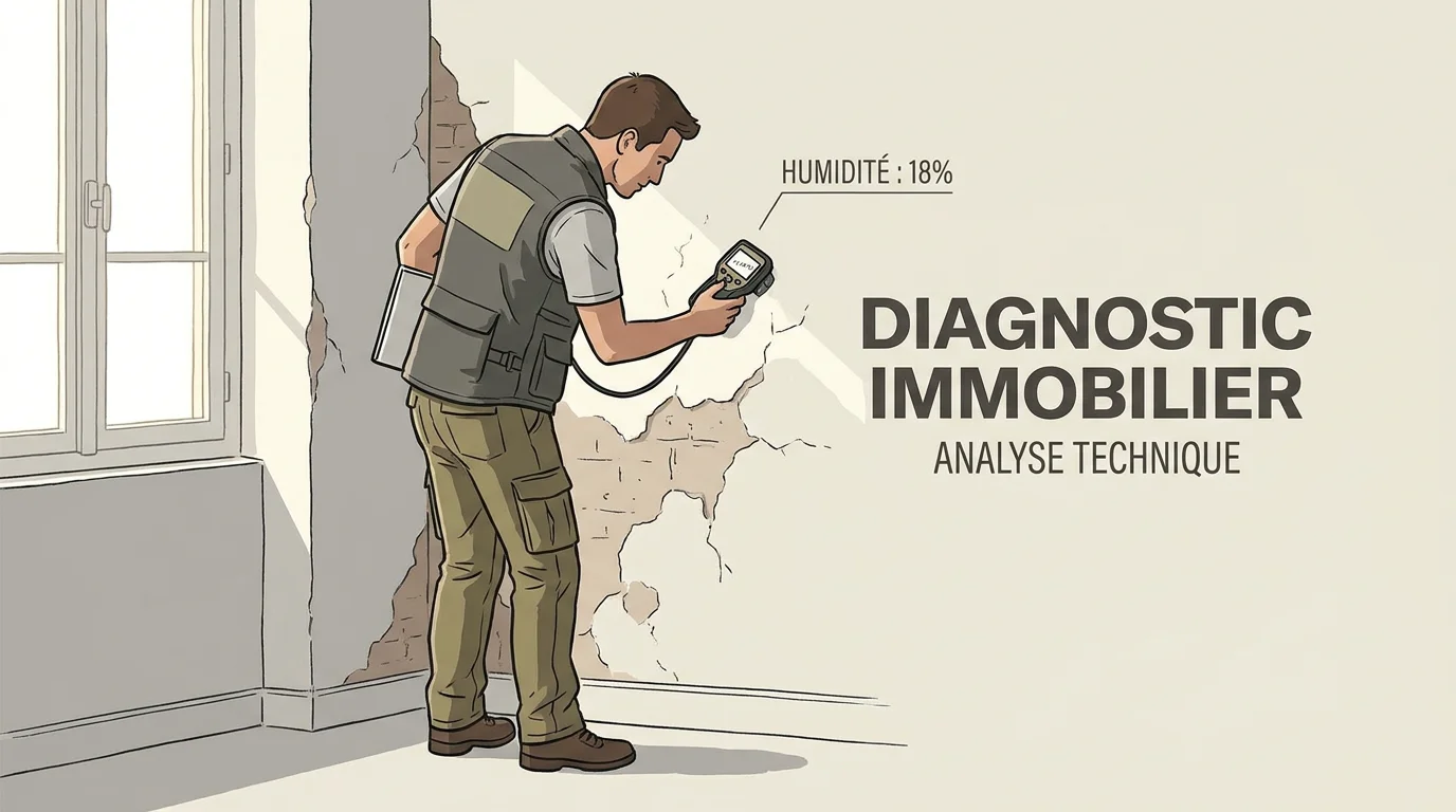 Diagnostiqueur immobilier inspectant un logement ancien lors d'un contrôle obligatoire