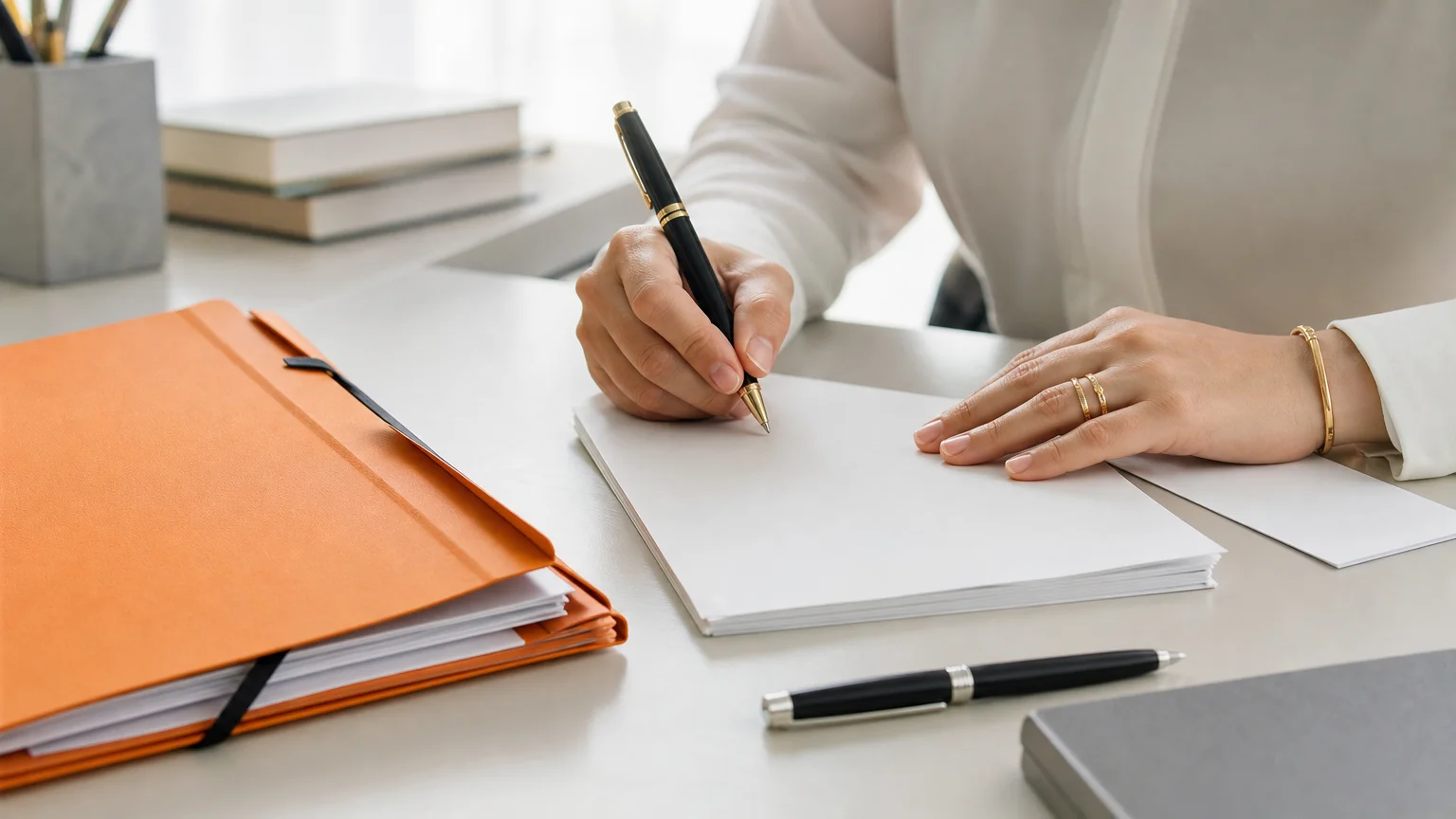 Mains non identifiables signant un document juridique vierge à côté d’un dossier orange sur un bureau clair.