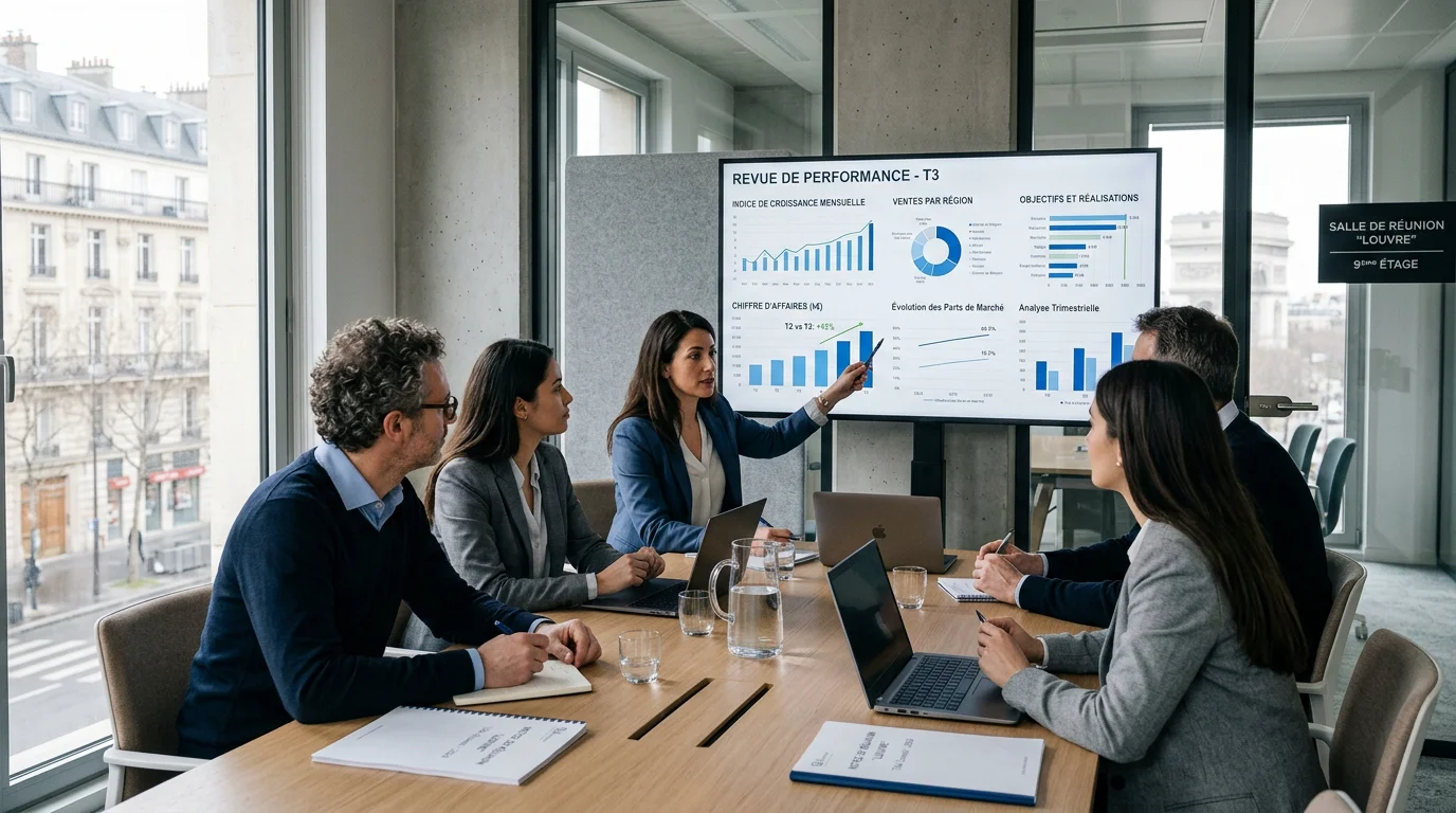Équipe de consultants en management analysant des indicateurs de performance