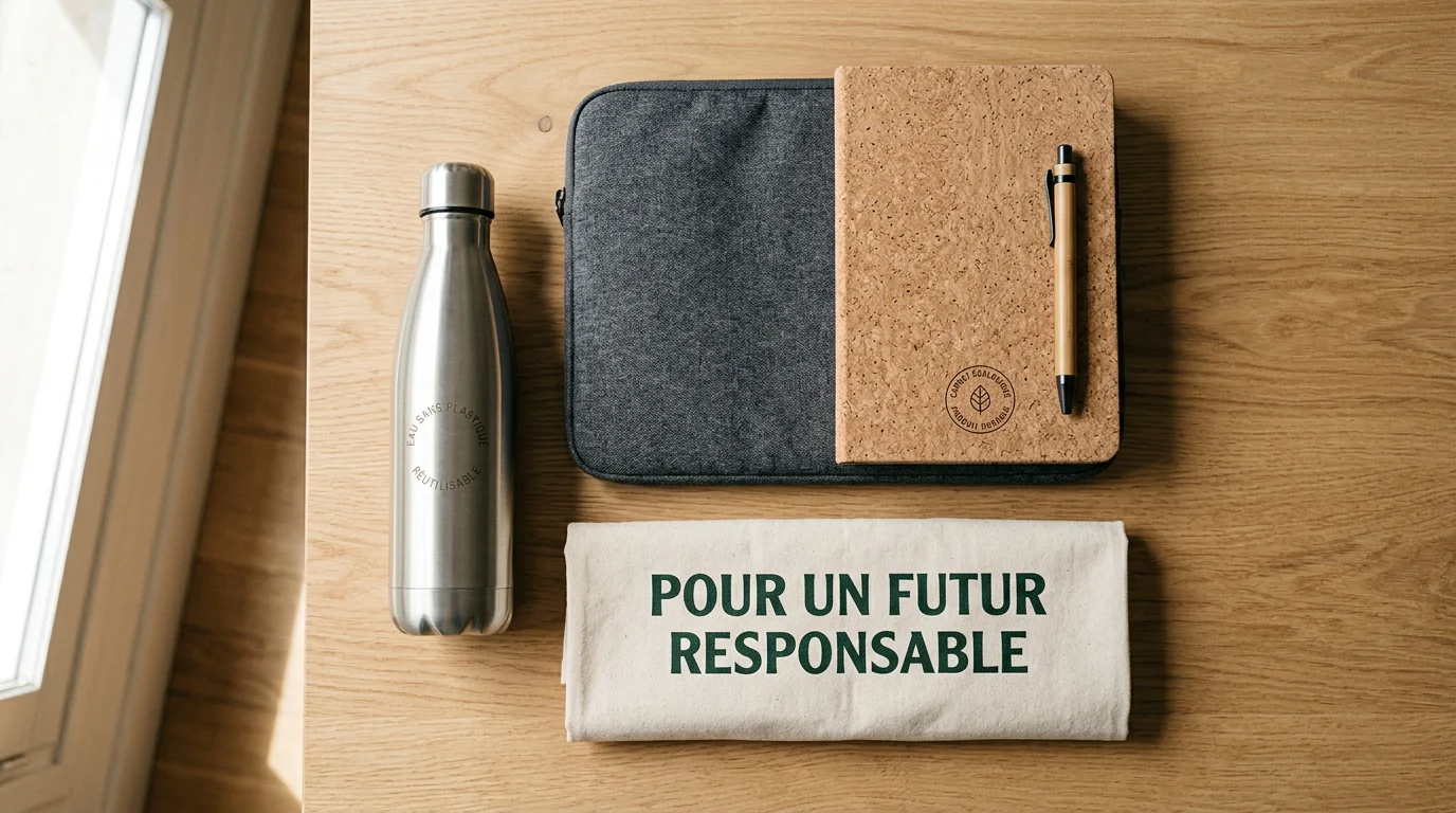 Goodies éco-responsables disposés sur une table en bois clair, gourde inox, stylo bambou et tote bag recyclé
