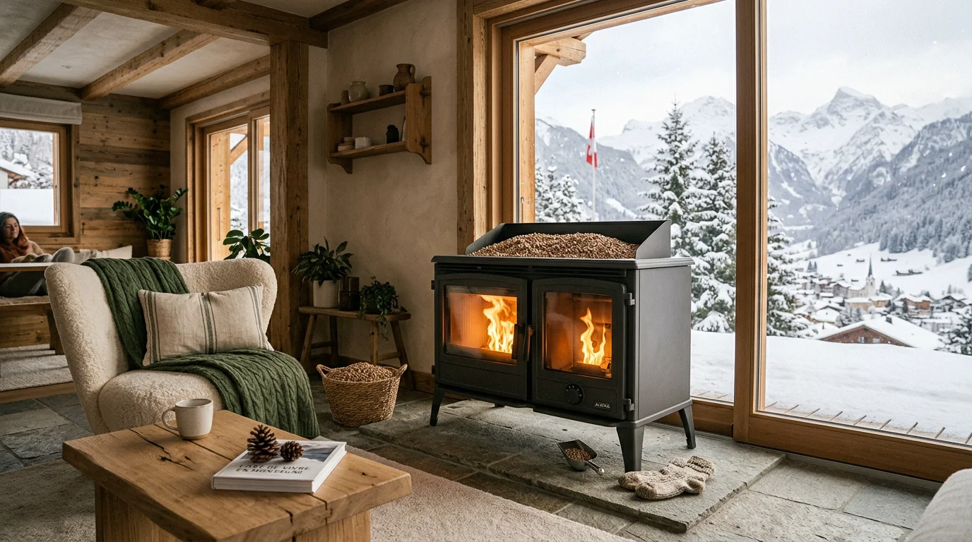 Poêle à pellets sans électricité allumé dans un chalet suisse en hiver