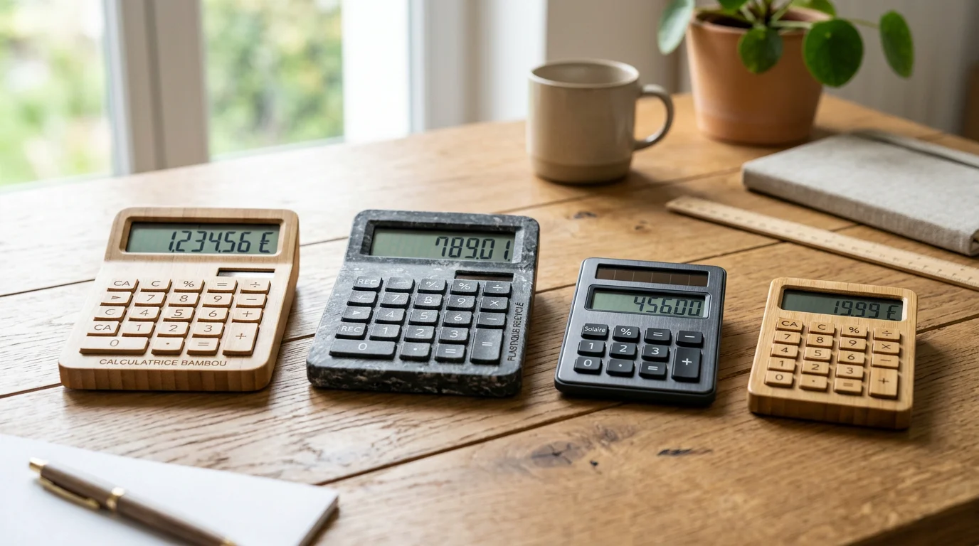 Différents modèles de calculatrices de bureau en bambou, plastique recyclé et version solaire