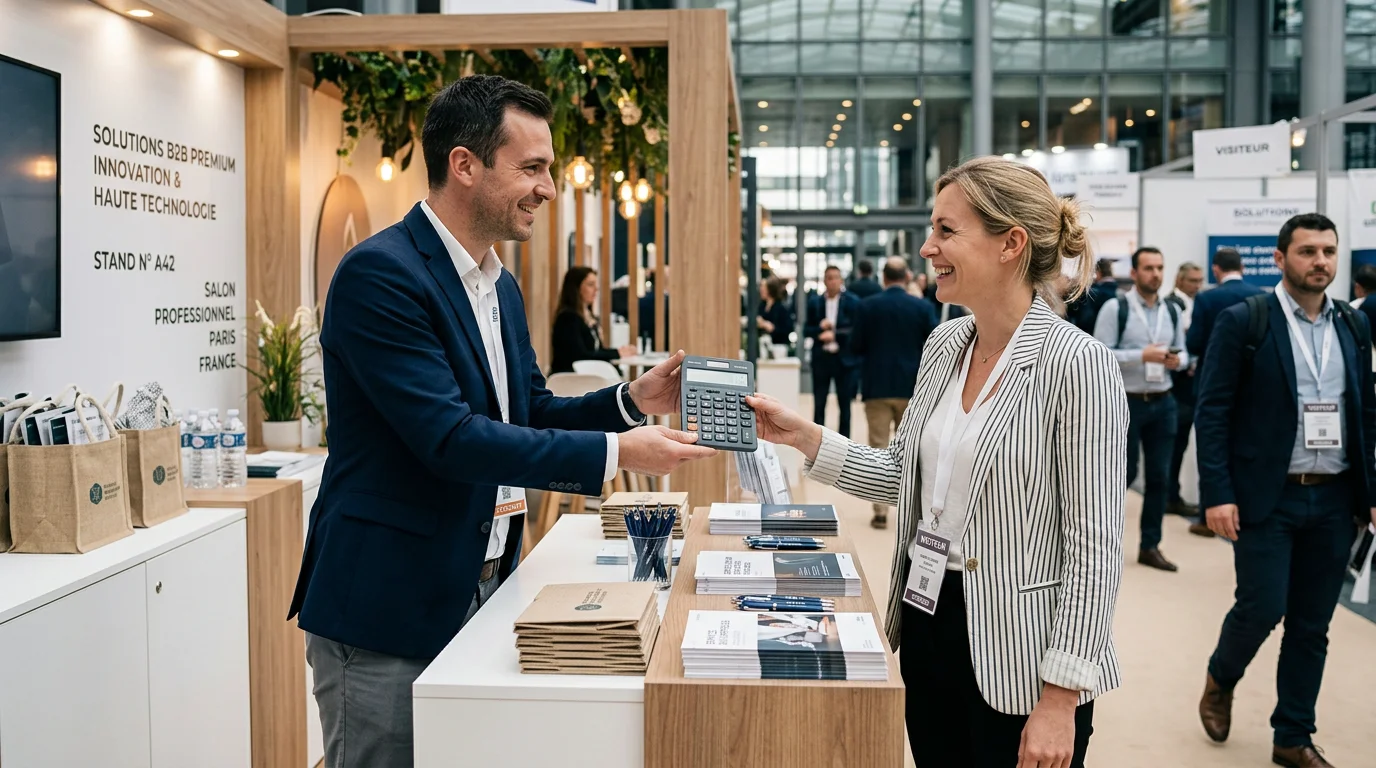 Remise d'une calculatrice personnalisée sur un stand de salon professionnel