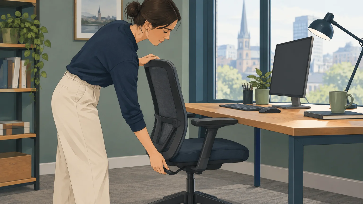 Worker adjusting an office chair beside a desk and task lamp
