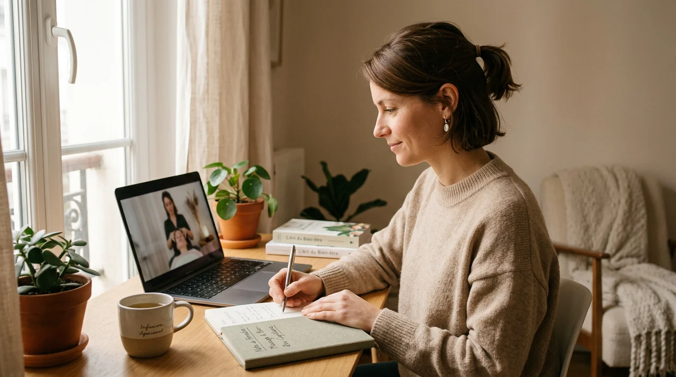 Praticienne suivant une formation Head Spa à distance sur ordinateur
