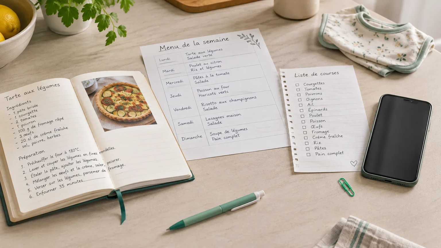 Recettes, menu familial et liste de courses réunis sur un plan de travail