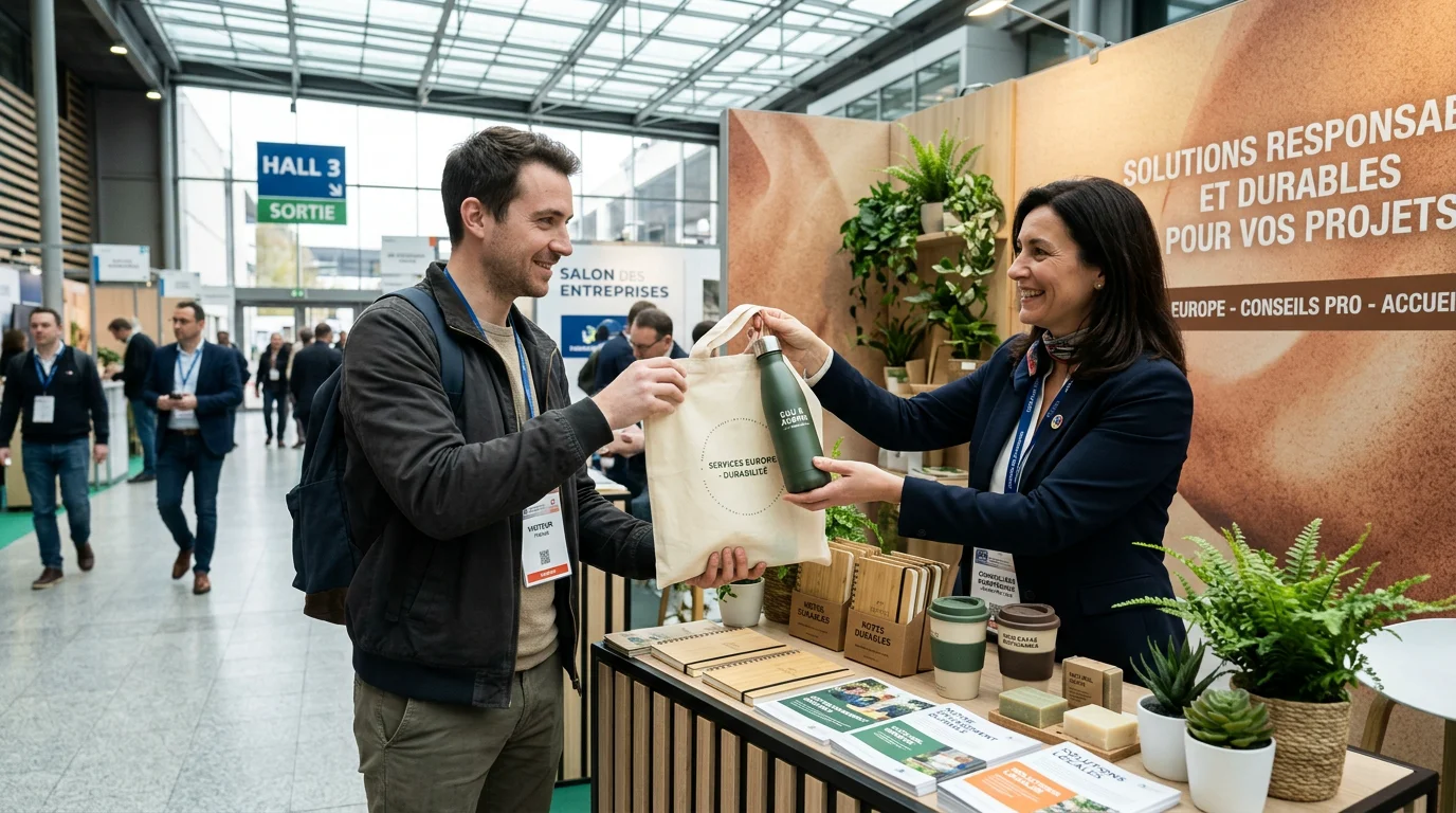 Distribution de goodies éco-responsables sur un stand de salon professionnel