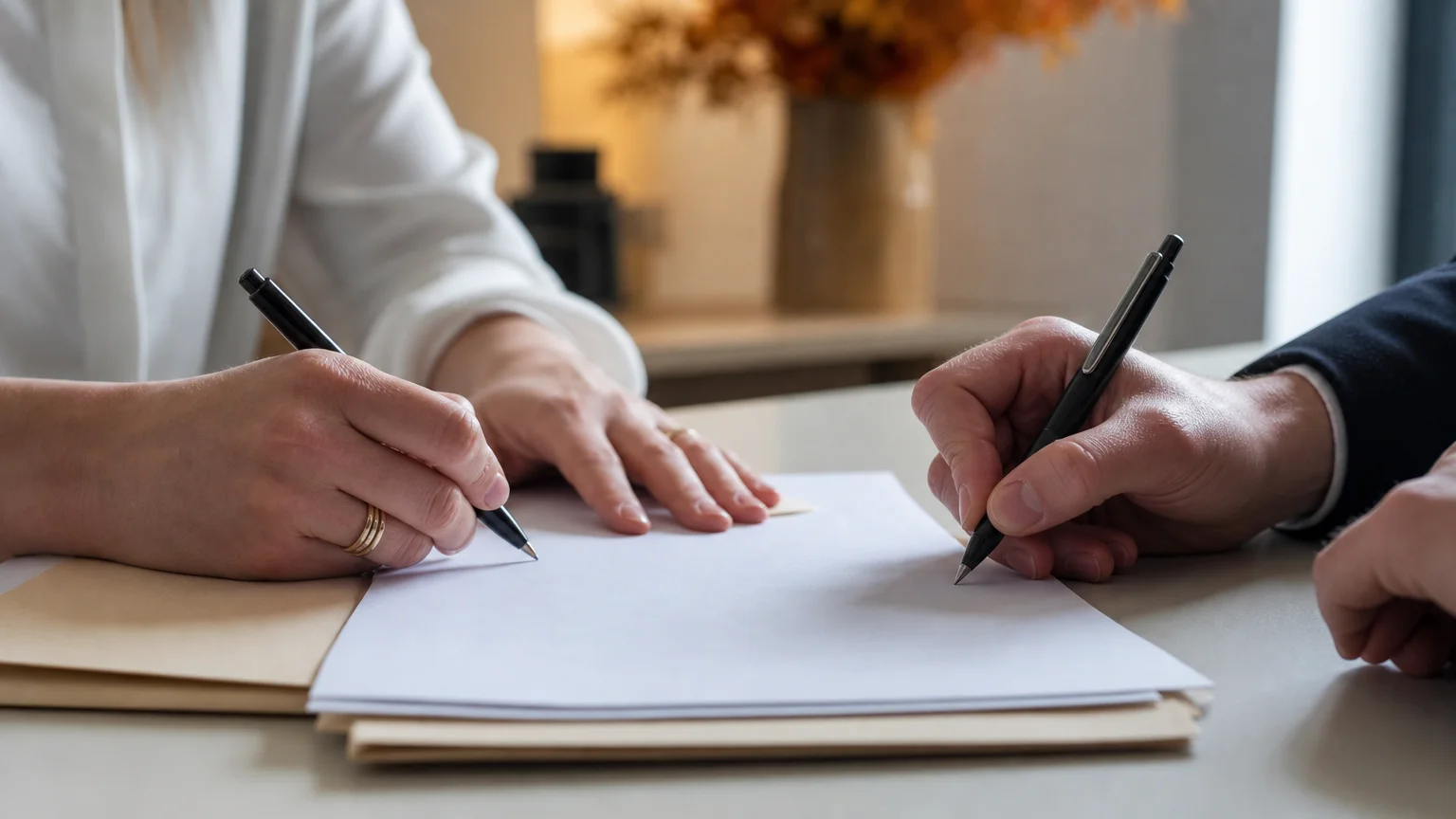Mains signant un document juridique sur un bureau clair