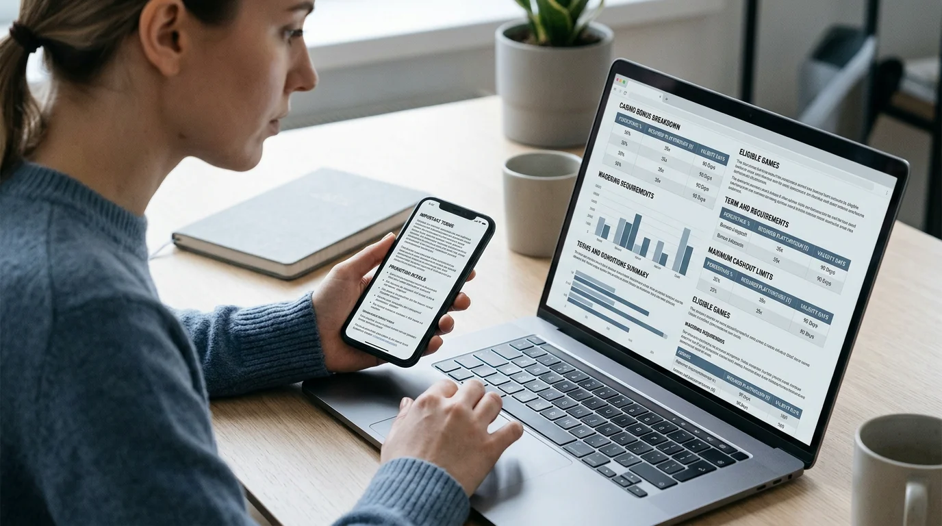 A person comparing online casino bonus terms on a laptop and phone
