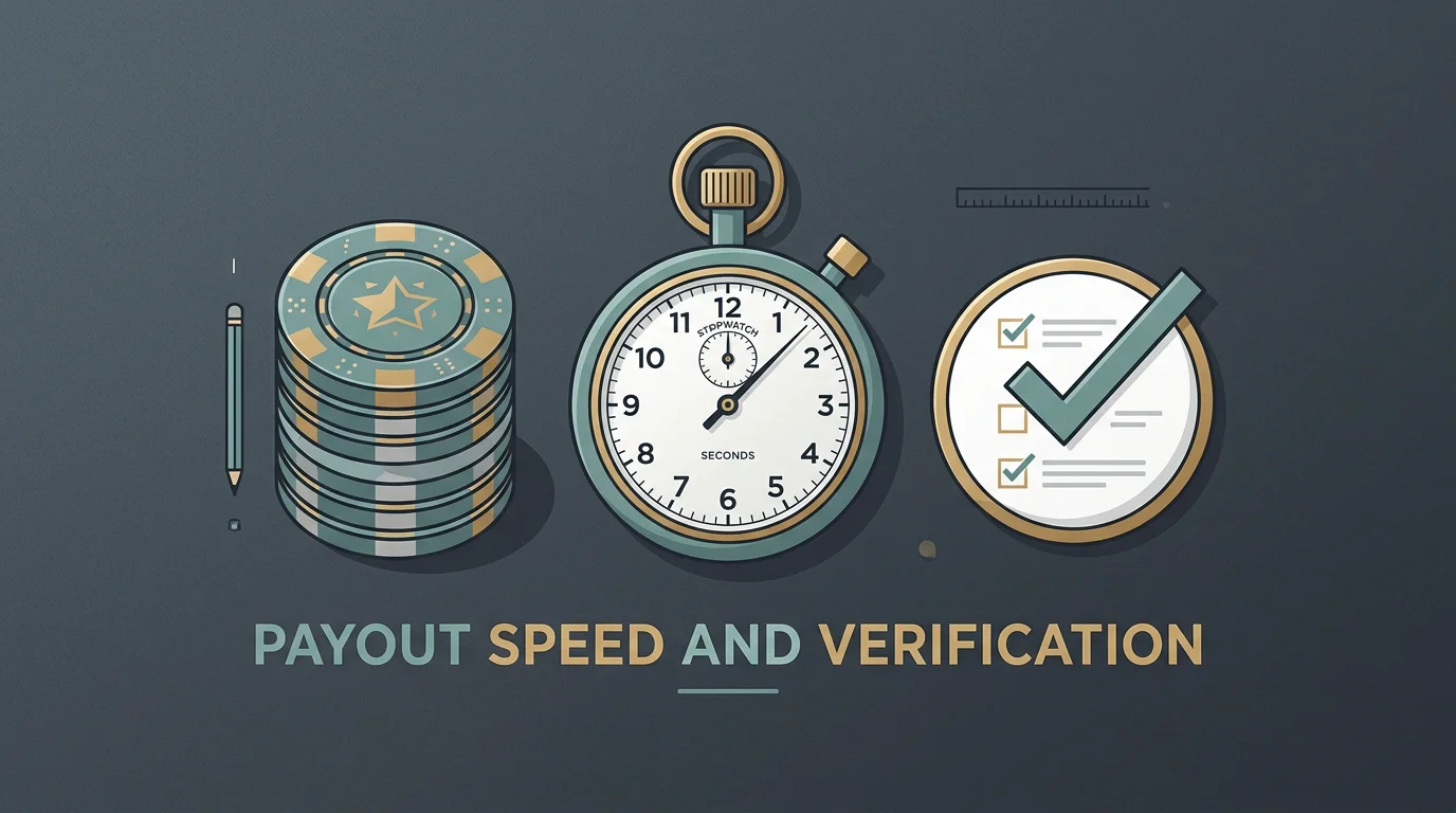 Casino chips, a stopwatch and a checklist representing withdrawal conditions