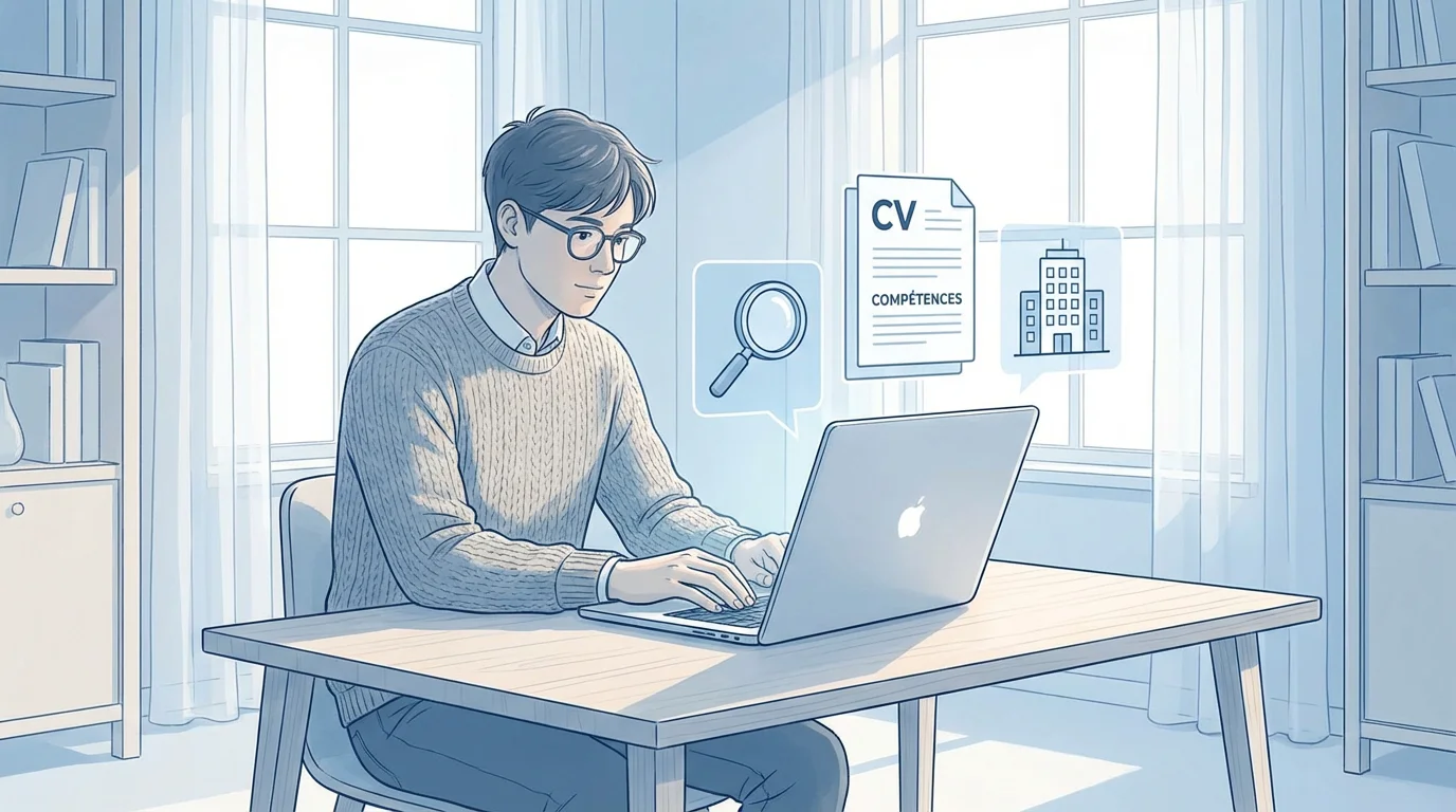 Étudiant effectuant une recherche de stage sur son ordinateur portable