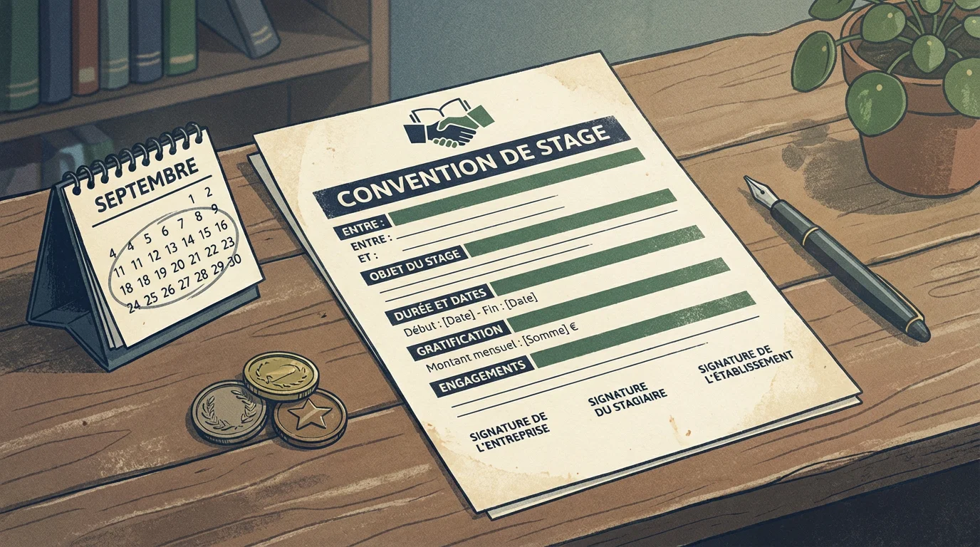 Convention de stage et éléments symbolisant le cadre légal du stage en France