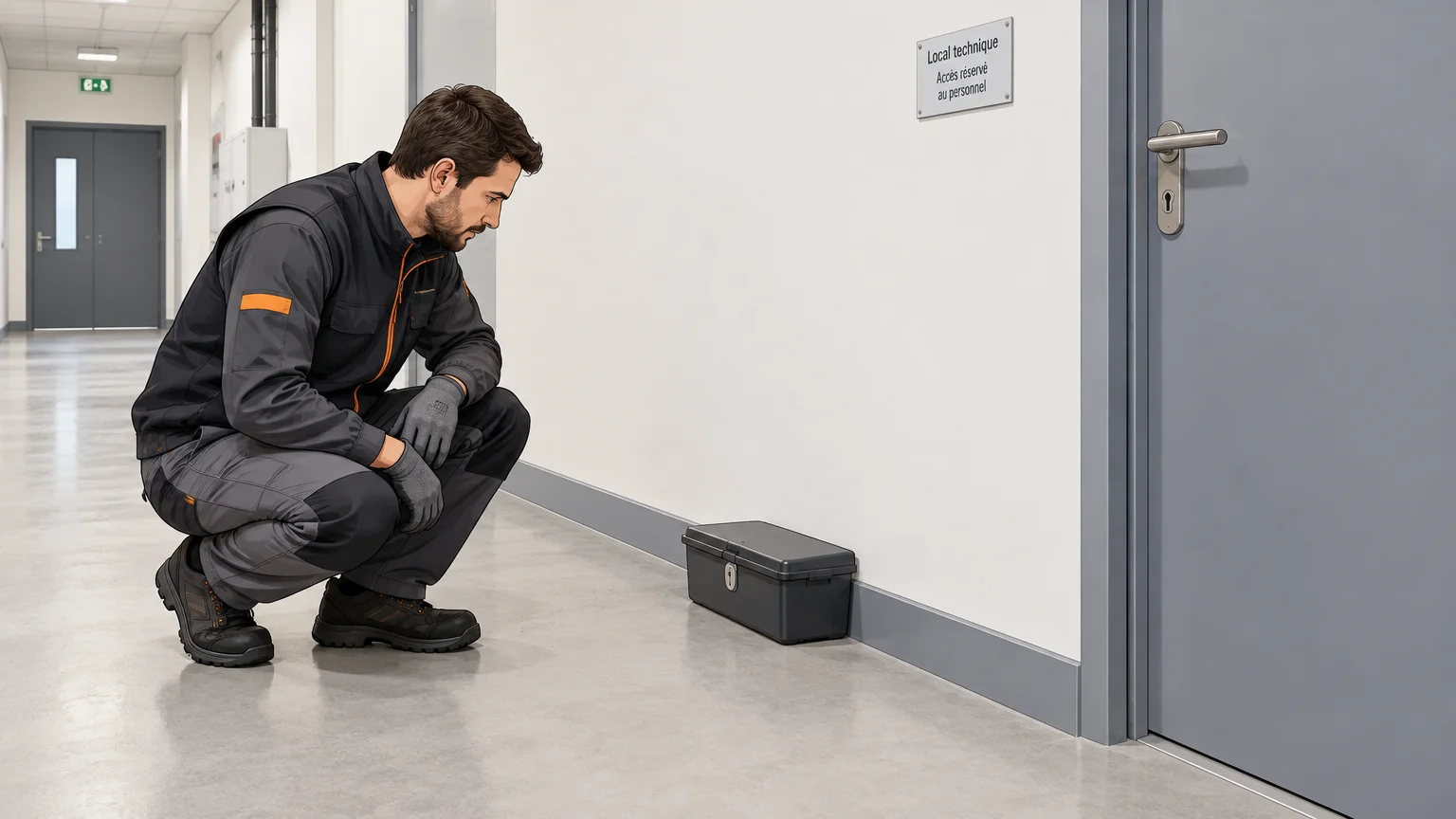 Technicien inspectant un poste d’appâtage sécurisé dans un couloir professionnel