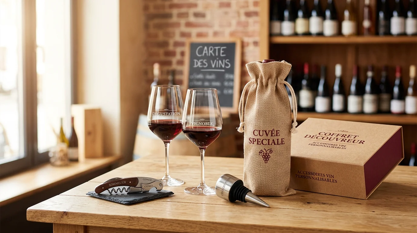 Sélection d'objets publicitaires autour du vin personnalisables sur une table en bois