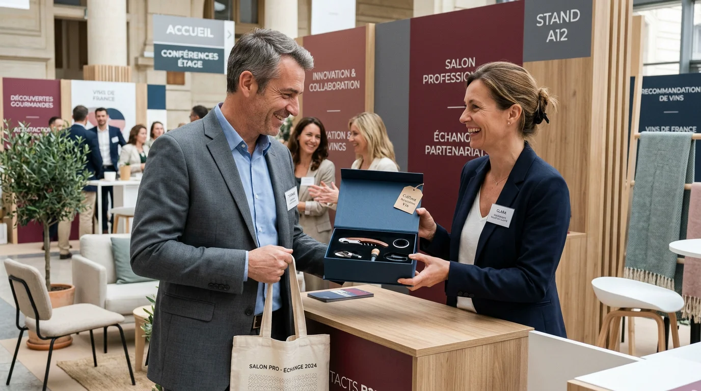Remise d'un coffret d'accessoires de vin sur un stand de salon professionnel