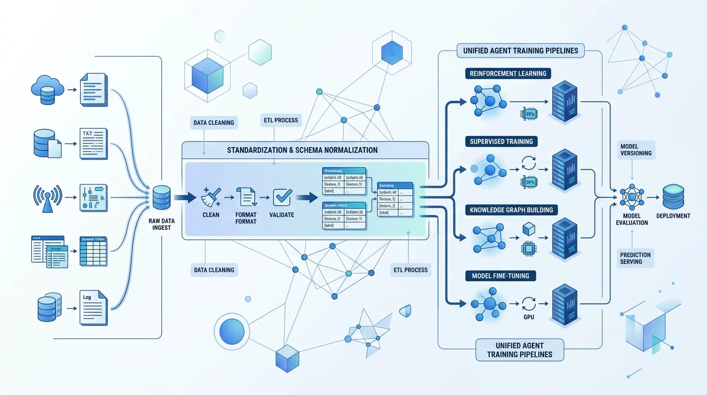 Diagram showing fragmented data sources unified through an agent data protocol layer