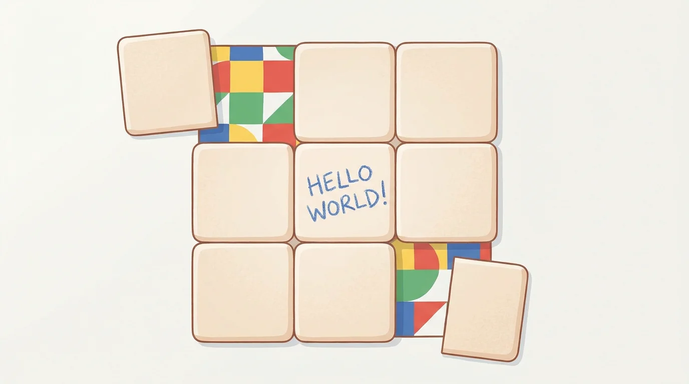 Illustration of a flag progressively revealed through a tile grid puzzle mechanic