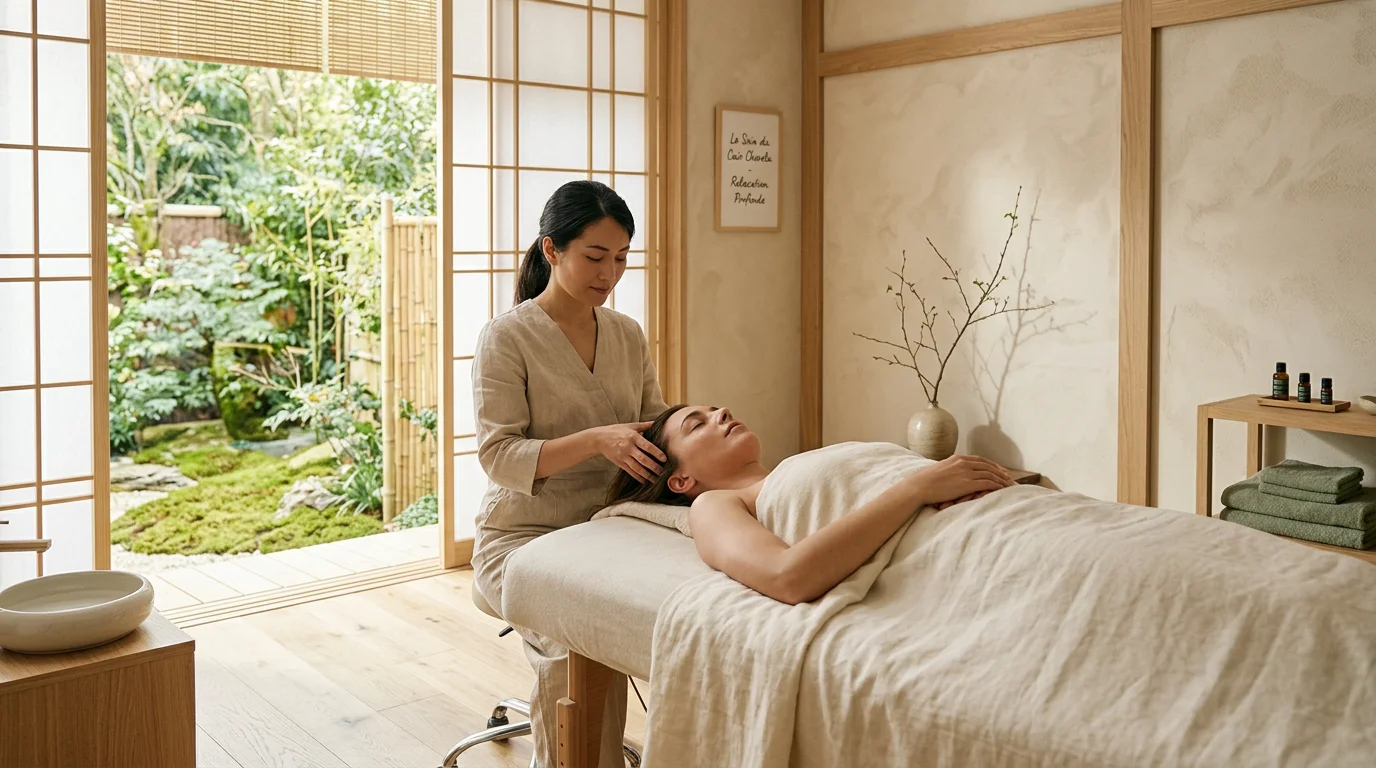Soin head spa japonais réalisé dans un espace bien-être moderne et apaisant