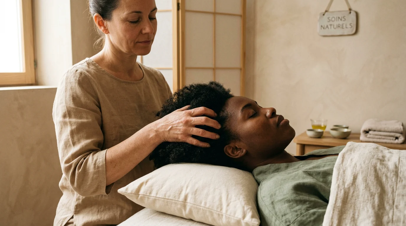 Praticienne réalisant un massage du cuir chevelu lors d'un soin head spa japonais