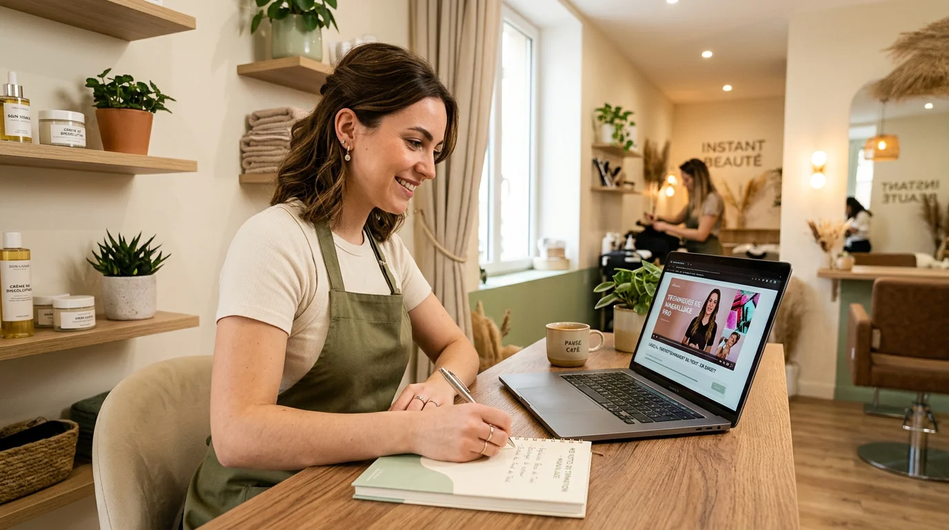 Esthéticienne suivant une formation head spa en e-learning sur son ordinateur