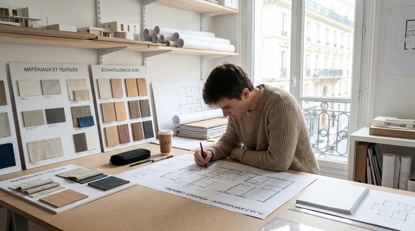 Stagiaire en architecture d'intérieur travaillant sur des plans dans une agence en France
