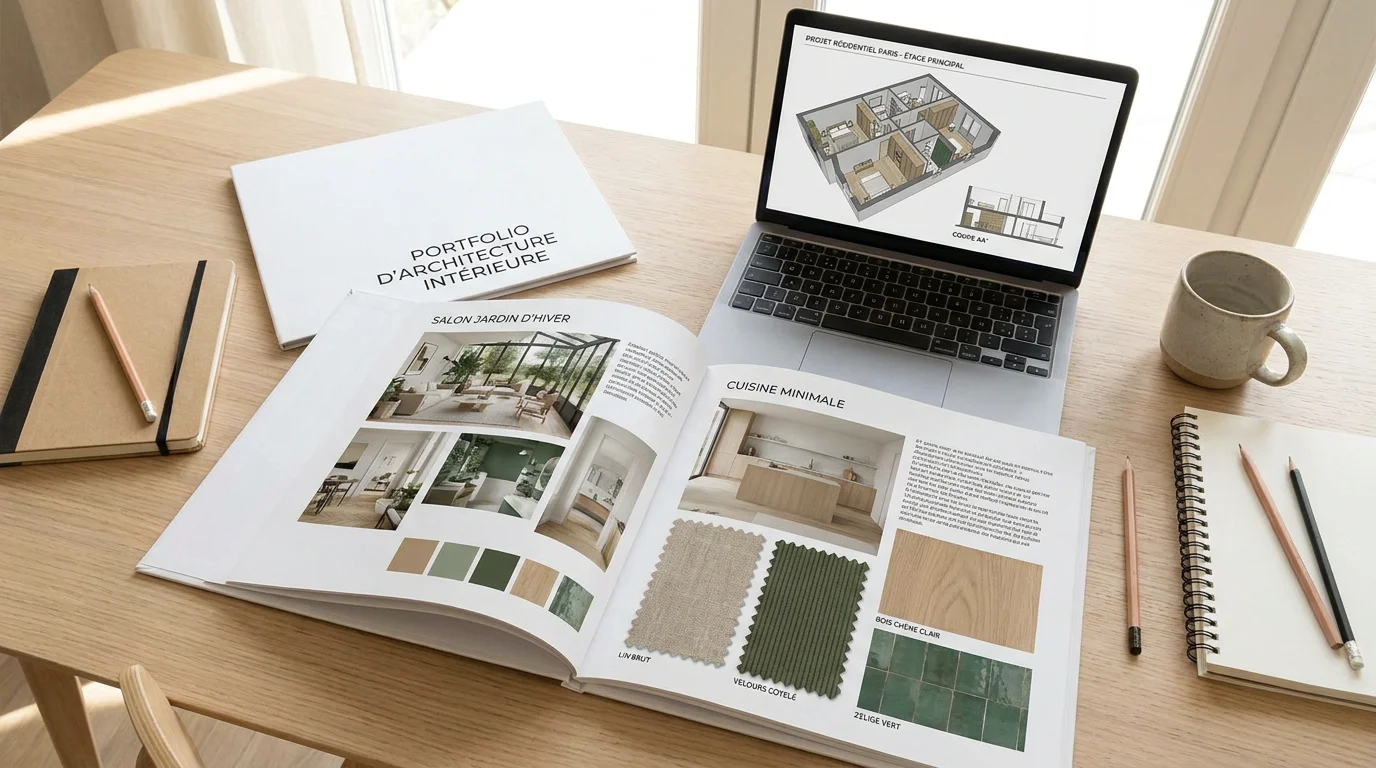 Portfolio d'architecture d'intérieur avec moodboards et plans 3D pour candidature de stage