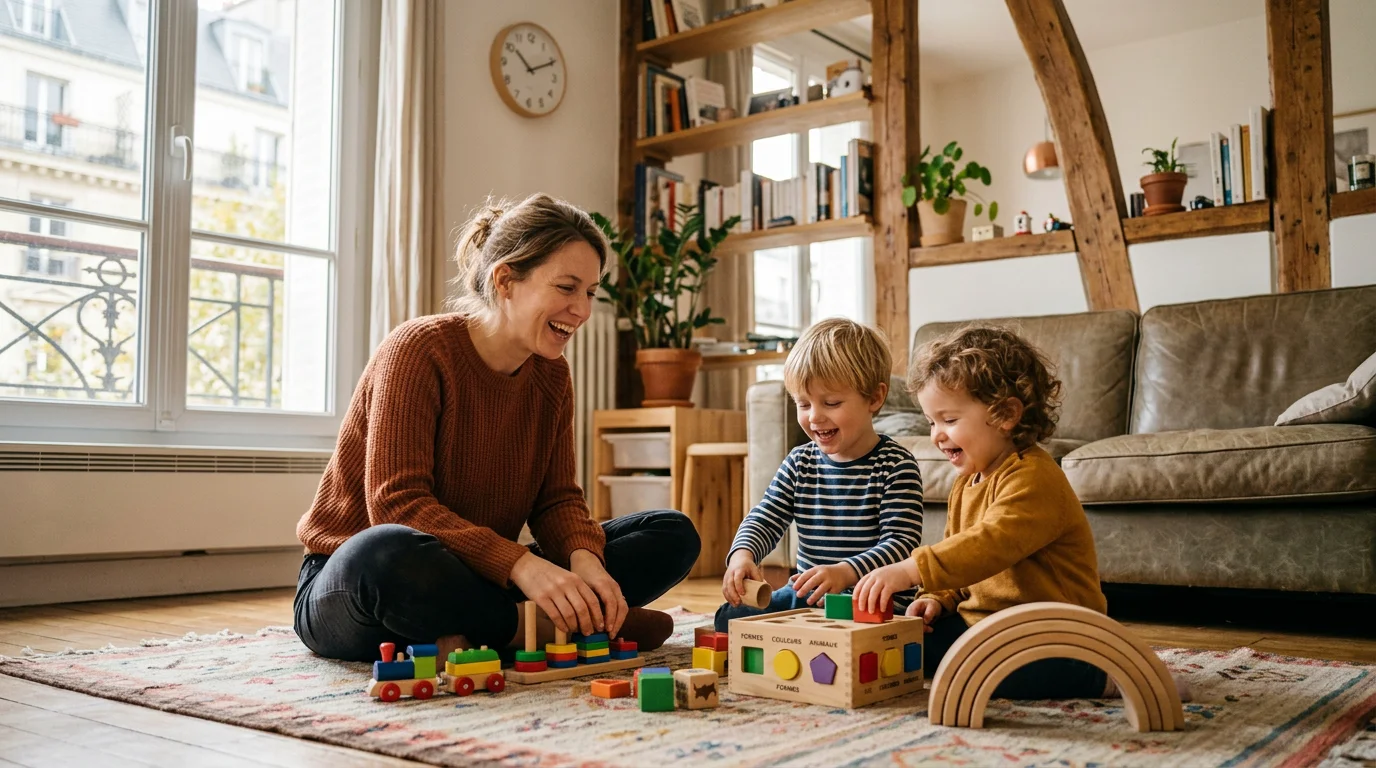 Une nounou à domicile joue avec deux jeunes enfants dans un salon lumineux