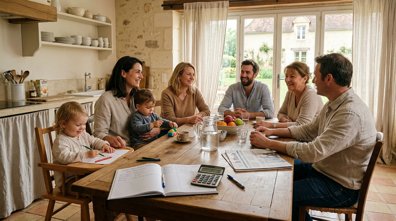 Deux familles et une nounou organisant une garde partagée autour d'une table