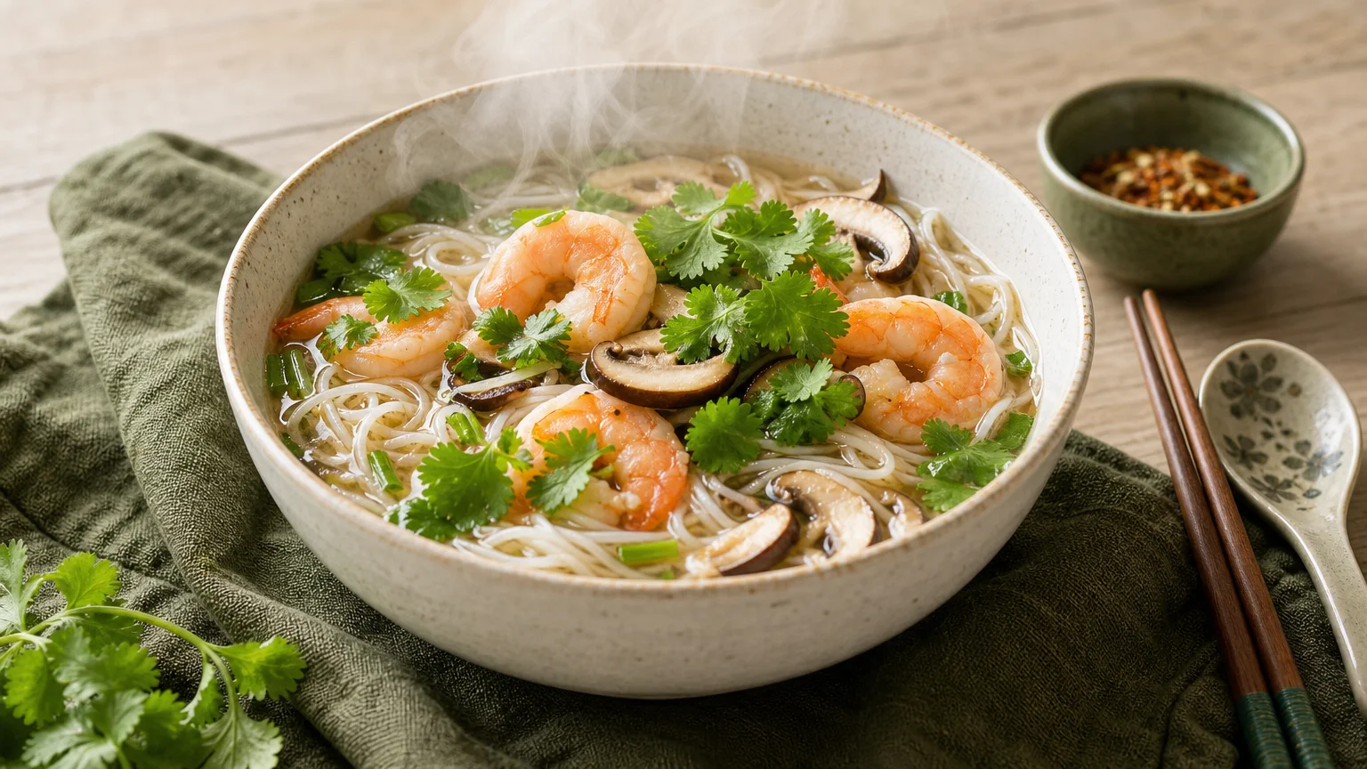 Bol fumant de bouillon asiatique aux crevettes, vermicelles et coriandre