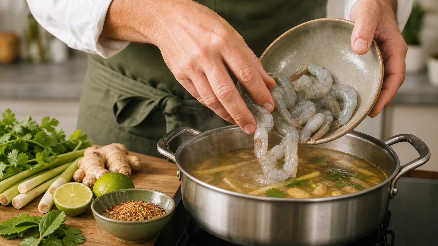 Cuisinier ajoutant des crevettes crues dans un bouillon aromatique frémissant