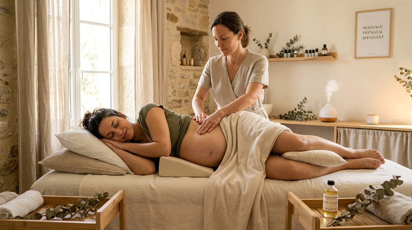 Femme enceinte allongée sur le côté recevant un massage du dos dans un institut