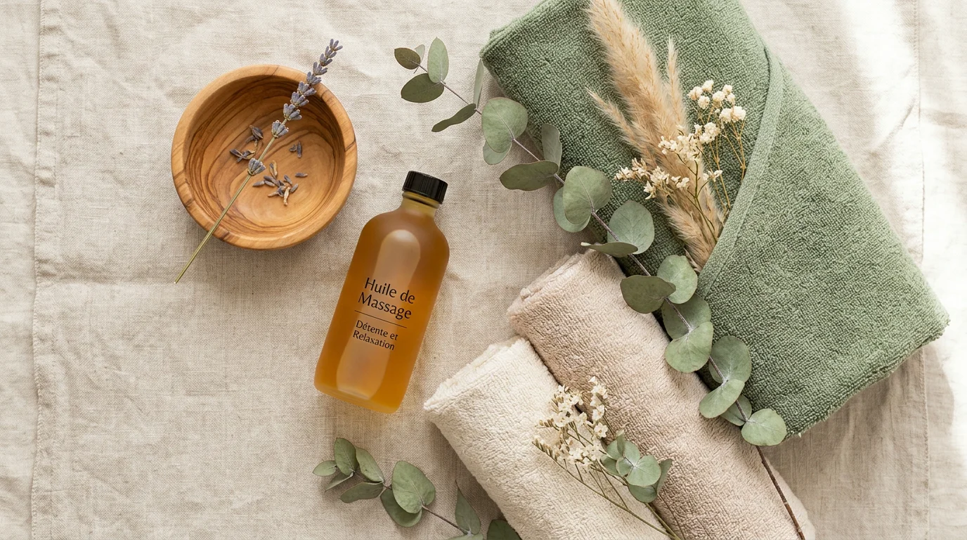 Composition de produits de massage pour femme enceinte sur une surface claire
