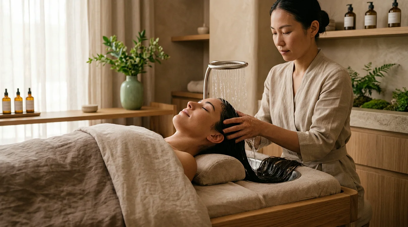 Femme profitant d'un soin Head Spa japonais relaxant