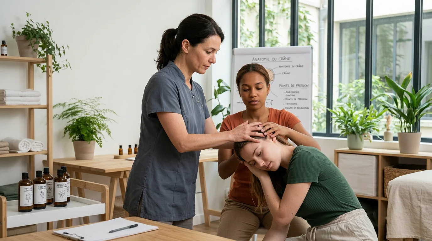Formatrice supervisant des stagiaires pendant une pratique de massage du cuir chevelu